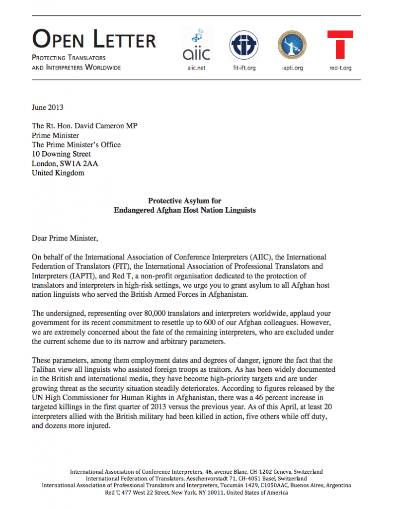 Open Letter On Behalf Of Afghan Conflict Zone Linguists Affiliated With 